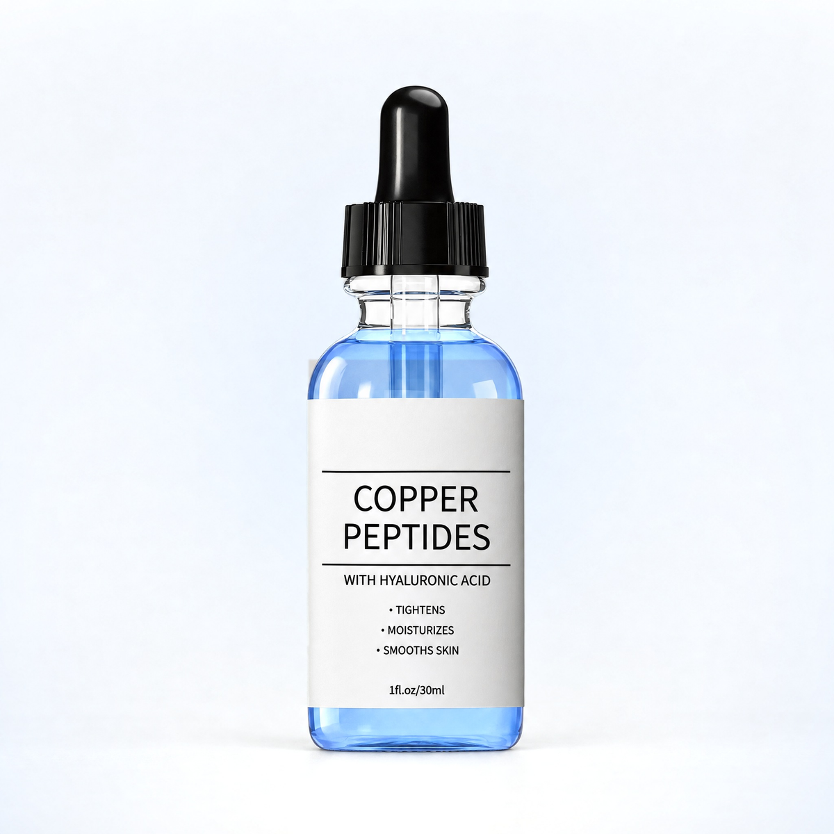 ReTouched copper peptide serum bottle on a white and soft blue background